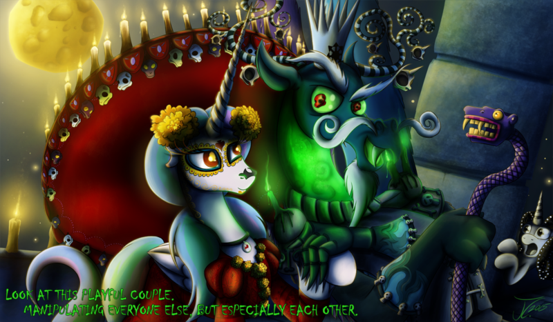 Size: 1250x729 | Tagged: artist:jamescorck, crossover, derpibooru import, discord, la muerte, oc, oc:movie slate, princess celestia, safe, the book of life, xibalba