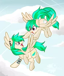 Size: 2926x3432 | Tagged: safe, artist:xwhitedreamsx, derpibooru import, oc, oc:cloud skipper, oc:sky rider, unofficial characters only, pegasus, pony, earring, female, flying, open mouth, piercing, siblings, sisters, spread wings, tattoo, twins