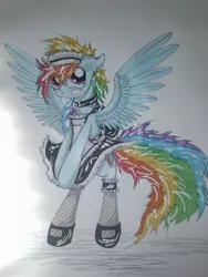 Size: 1024x1365 | Tagged: safe, artist:penkatshi, derpibooru import, rainbow dash, pony, bipedal, blushing, clothes, fishnets, maid, sketch, solo, traditional art