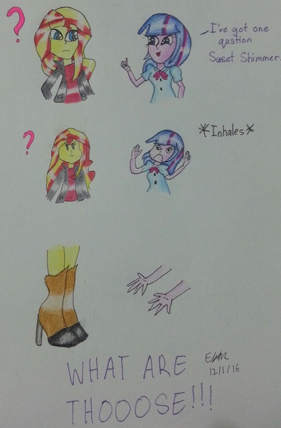 Size: 1814x2756 | Tagged: safe, artist:lizzyisme, derpibooru import, sunset shimmer, twilight sparkle, equestria girls, horseshoes, meme, traditional art, what are thoooose