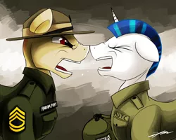 Size: 1280x1024 | Tagged: abuse, alternate hairstyle, angry, artist:gasmaskfox, boop, buzzcut, derpibooru import, drill sergeant, gunnery sergeant, noseboop, ponified, safe, shiningabuse, shining armor, war face, yelling