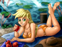 Size: 1190x900 | Tagged: apple, applebutt, applejack, artist:pluckyninja, ass, barefoot, bedroom eyes, bikini, breasts, cleavage, clothes, dead source, derpibooru import, feet, female, food, freckles, grin, human, humanized, looking at you, loose hair, obligatory apple, pond, prone, smiling, solo, solo female, suggestive, swimsuit, towel, water, wet, wet hair