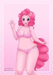 Size: 1450x2048 | Tagged: anthro, artist:meltyvixen, attached skirt, belly button, bikini, breasts, busty pinkie pie, chubby, cleavage, clothes, derpibooru import, female, frilled swimsuit, looking at you, pinkie pie, pink swimsuit, plump, pony coloring, pudgy pie, solo, solo female, suggestive, swimsuit, waving