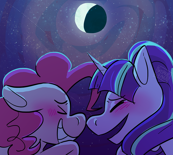 Size: 900x805 | Tagged: artist:stevetwisp, blushing, boop, derpibooru import, eclipse, eyes closed, female, floppy ears, glimmerpie, grin, lesbian, moon, night, noseboop, open mouth, pinkie pie, safe, shipping, smiling, starlight glimmer