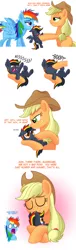 Size: 843x2772 | Tagged: safe, artist:royalrainbow51, derpibooru import, applejack, rainbow dash, oc, oc:sparks, bat pony, pony, adopted offspring, blushing, boop, comic, foal, hissing, hug, mama applejack, motherly, orphan, parent:applejack, parent:rainbow dash, parents:appledash