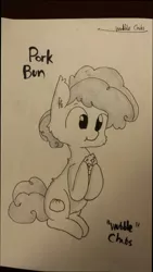 Size: 724x1280 | Tagged: safe, artist:tjpones, derpibooru import, oc, oc:pork bun, unofficial characters only, earth pony, pony, horse wife, black and white, cheek fluff, eating, grayscale, hoof hold, lineart, male, monochrome, sitting, solo, stallion, text, traditional art