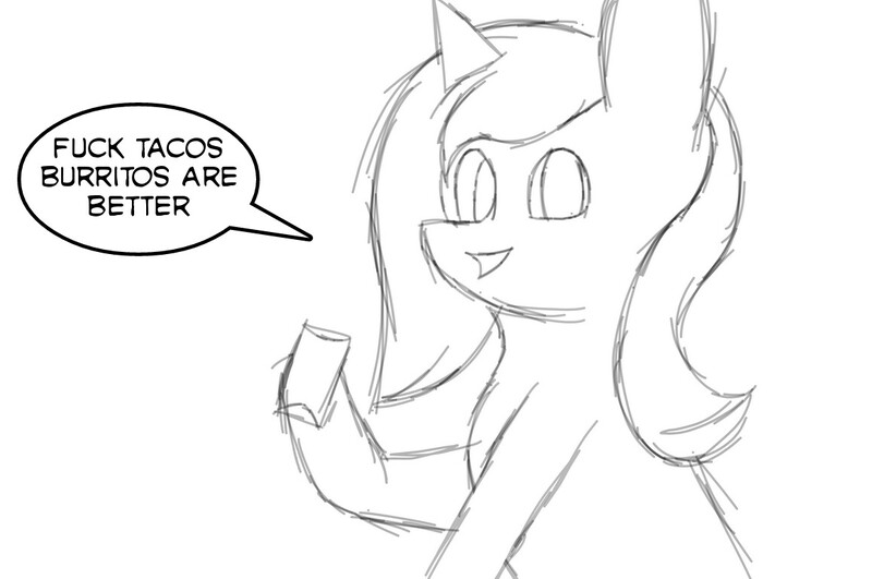 Size: 1157x768 | Tagged: safe, artist:spartan pony, derpibooru import, oc, oc:heart taker, unofficial characters only, pony, unicorn, burrito, food, monochrome, sketch, vulgar