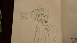 Size: 1280x720 | Tagged: safe, artist:tjpones, derpibooru import, oc, oc:brownie bun, unofficial characters only, earth pony, pony, horse wife, black and white, descriptive noise, female, flower, flower in mouth, grayscale, horse noises, lineart, mare, meme, monochrome, mouth hold, rose, solo, traditional art