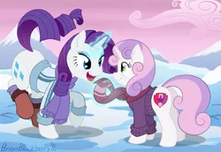 Size: 725x499 | Tagged: safe, artist:brianblackberry, derpibooru import, rarity, sweetie belle, pony, unicorn, bottomless, clothes, cute, cutie mark, female, filly, looking at each other, magic, mare, open mouth, partial nudity, prancing, scarf, smiling, the cmc's cutie marks, winter