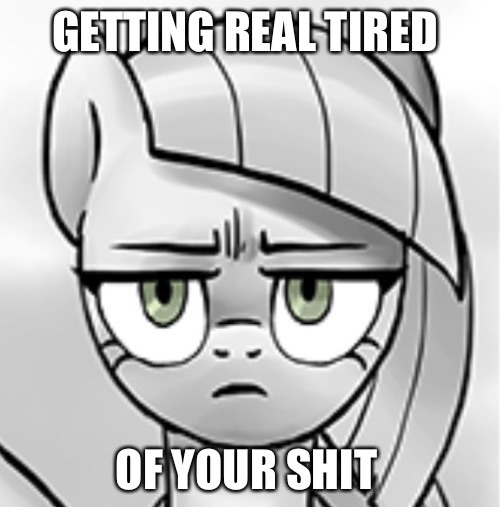 Size: 500x507 | Tagged: angry, annoyed, artist:pencils, comic:anon's pie adventure, derpibooru import, edit, limestone pie, meme, memegenerator, reaction image, safe, solo, vulgar