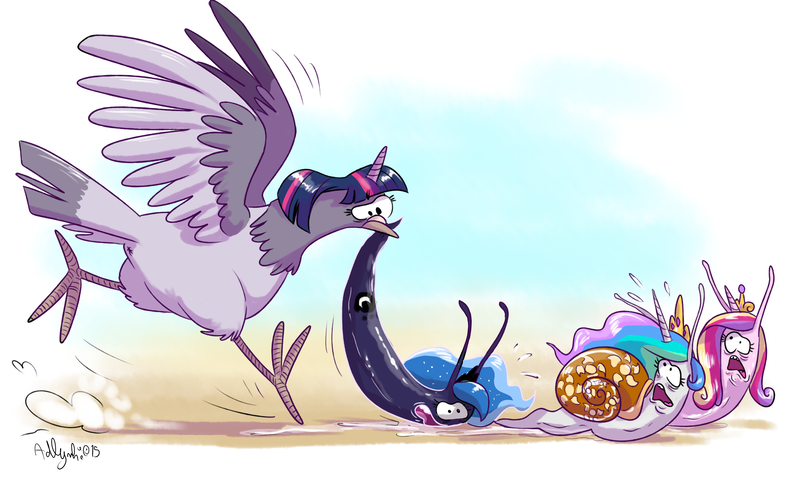 Size: 4027x2480 | Tagged: alternate universe, artist:yulyeen, behaving like a bird, bird, birdified, context is for the weak, derpibooru import, imminent vore, my little nature, my little x, not salmon, original species, pigeon, princess cadance, princess celestia, princess luna, safe, scared, slug, slug pony, snail, snail pony, species swap, twilight sparkle, twipred, wat, wide eyes