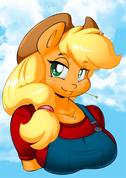 Size: 800x1129 | Tagged: anthro, applejack, artist:chalodillo, artist:ustudioss, bust, clothes, colored pupils, derpibooru import, safe, solo