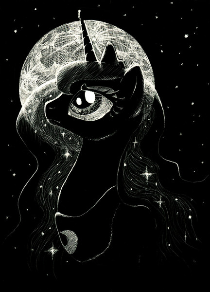 Size: 979x1359 | Tagged: safe, artist:dracontiar, derpibooru import, princess luna, alicorn, pony, female, mare, monochrome, moon, night, solo, stars, traditional art