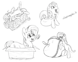 Size: 4989x4000 | Tagged: safe, artist:zapplebow, derpibooru import, applejack, rarity, sweetie belle, monster pony, original species, pony, tatzlpony, absurd resolution, apple, box, clothes, food, marshmallow, monochrome, on back, pony in a box, sketch dump, socks, species swap, striped socks, tatzljack, tentacle tongue, tentacles