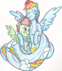 Size: 1048x1205 | Tagged: artist:thegloriesbigj, clothes, derpibooru import, hug, lamia, northash, oc, oc:northern haste, original species, pajamas, rainbow coils, rainbow dash, request, safe, traditional art