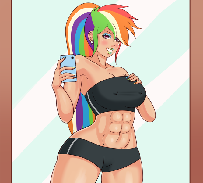 Size: 1200x1080 | Tagged: abs, armpits, artist:annon, bimbo, bimbo 1.0, bimbo dash, breasts, busty rainbow dash, curvy, derpibooru import, erect nipples, female, fingernails, fit, human, humanized, mirror, muscles, nail polish, nipple outline, nipples, nudity, ponytail, rainbow dash, rainbow lipstick, rainbuff dash, selfie, solo, solo female, suggestive