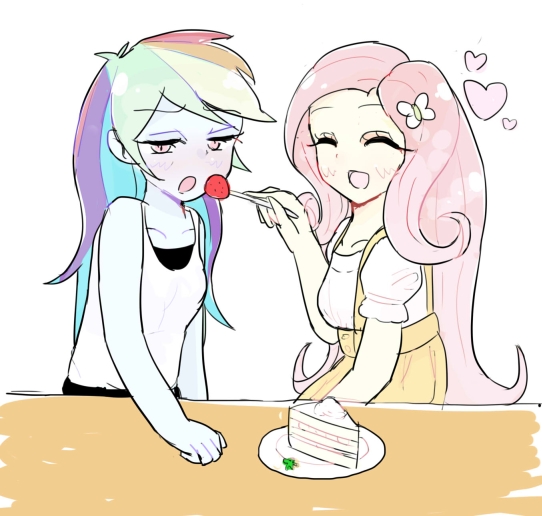 Size: 542x516 | Tagged: safe, artist:nemucure, derpibooru import, fluttershy, rainbow dash, equestria girls, blushing, cake, clothes, dress, feeding, food