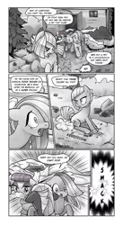 Size: 665x1213 | Tagged: safe, artist:pencils, derpibooru import, limestone pie, marble pie, maud pie, oc, oc:anon, earth pony, human, pony, comic:anon's pie adventure, comic, crash, female, human male, male, mare, mouth hold, oh shi-!, running, this will end in pain, unconscious