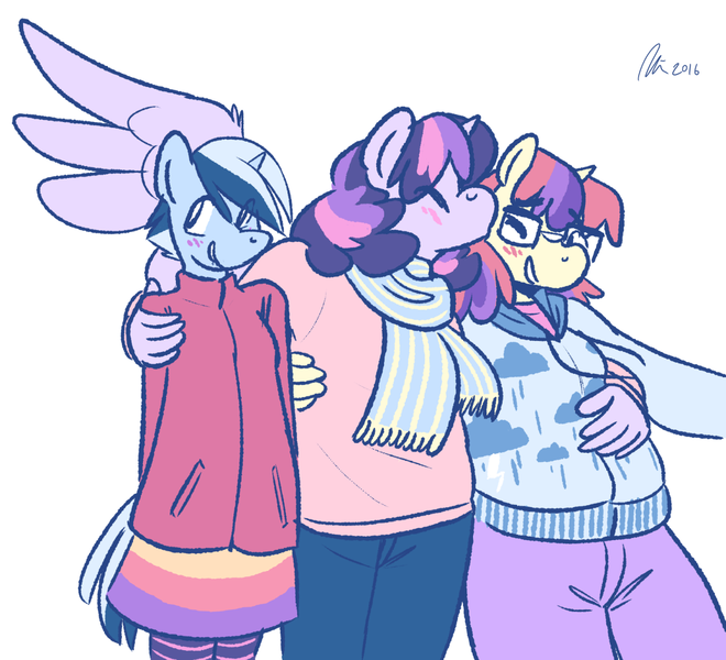 Size: 1280x1163 | Tagged: safe, artist:rwl, derpibooru import, minuette, moondancer, twilight sparkle, twilight sparkle (alicorn), anthro, blushing, chubby, clothes, fat, female, height difference, holding hands, kissing, lesbian, moonblubber, moonuette, ot3, polyamory, shipping, twidancer, twigate, twilard sparkle, twilight sparkle gets all the mares, twinudancer, twinuette, wingboner