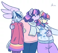 Size: 1280x1163 | Tagged: safe, artist:rwl, derpibooru import, minuette, moondancer, twilight sparkle, twilight sparkle (alicorn), anthro, blushing, chubby, clothes, fat, female, height difference, holding hands, kissing, lesbian, moonblubber, moonuette, ot3, polyamory, shipping, twidancer, twigate, twilard sparkle, twilight sparkle gets all the mares, twinudancer, twinuette, wingboner