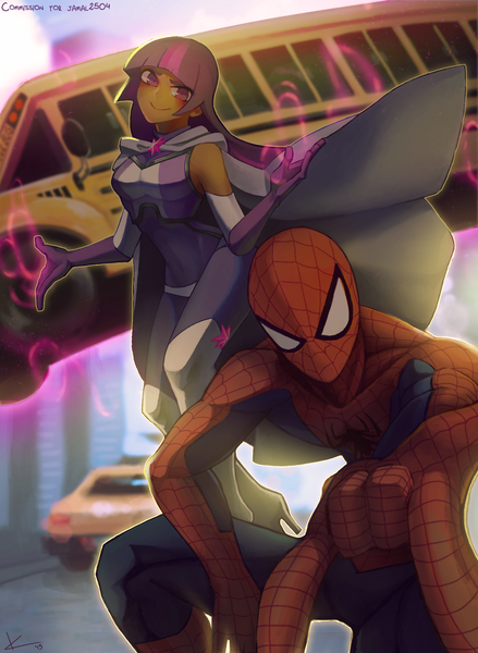 Size: 1500x2048 | Tagged: amethyst sorceress, artist:kitsuneanii, bus, crossover, derpibooru import, human, humanized, magic, peter parker, safe, school bus, spider-man, spiders and magic iv: the fall of spider-mane, spiders and magic: rise of spider-mane, spidertwi, telekinesis, twilight sparkle