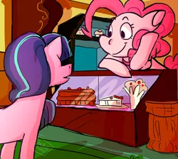 Size: 900x805 | Tagged: artist:stevetwisp, cake, cupcake, dead source, derpibooru import, duo, duo female, female, food, glimmerpie, pinkie pie, safe, starlight glimmer, sugarcube corner