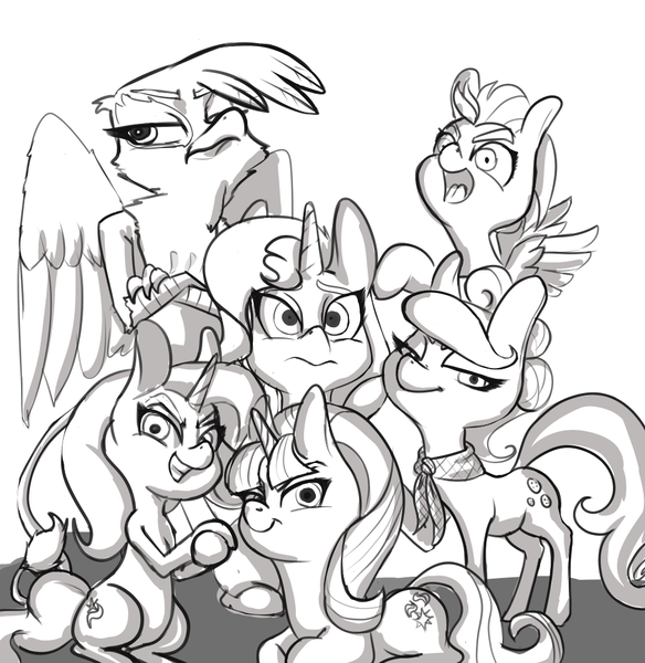 Size: 972x998 | Tagged: safe, artist:helloiamyourfriend, artist:yourfriendsalamisalamander, derpibooru import, gilda, lightning dust, starlight glimmer, sunset shimmer, suri polomare, trixie, gryphon, pony, 3:, alternate mane six, antagonist, antagonist six, bipedal, clothes, crossed arms, frown, grin, mane six opening poses, monochrome, open mouth, prone, scarf, smiling, smirk, spread wings, wide eyes