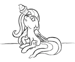 Size: 800x666 | Tagged: artist:slamjam, balancing, cupcake, derpibooru import, fluttershy, food, monochrome, ponies balancing stuff on their nose, safe, solo