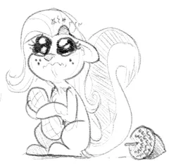 Size: 389x370 | Tagged: acorn, artist:whydomenhavenipples, crying, derpibooru import, fluttershy, grayscale, head lump, monochrome, nuttershy, peanut, safe, simple background, solo, species swap, squirrelification, squirrel pony, throwing things at fluttershy