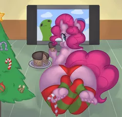 Size: 3344x3208 | Tagged: anthro, artist:sweethd, art pack:pony toes and winter snows, ass, balloonbutt, candy, candy cane, christmas tree, clothes, derpibooru import, eating, feet, female, food, foot fetish, fruit cake, large butt, pinkie pie, plantigrade anthro, socks, soles, solo, solo female, stockings, suggestive, television, thigh highs, toeless socks, toeless stockings, toes, tree, wide hips