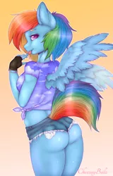 Size: 820x1280 | Tagged: suggestive, artist:cheezayballz, derpibooru import, rainbow dash, anthro, ass, booty shorts, clothes, daisy dukes, female, finger in mouth, finger to mouth pose, fingerless gloves, gloves, gradient background, knot shirt, looking at you, looking back, looking back at you, midriff, rainbutt dash, seductive look, seductive pose, sexy, shorts, solo, solo female, stupid sexy rainbow dash, tongue out, wedgie