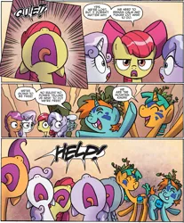 Size: 1295x1561 | Tagged: safe, artist:agnesgarbowska, derpibooru import, idw, apple bloom, diamond tiara, scootaloo, silver spoon, snails, snips, sweetie belle, earth pony, pegasus, pony, unicorn, spoiler:comic, spoiler:comic38, butt bump, butt to butt, butt touch, colt, comic, cutie mark crusaders, female, filly, foal, male, official comic, speech bubble