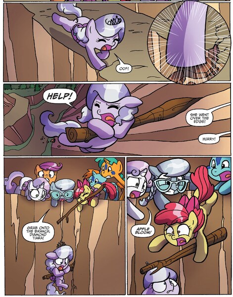 Size: 1321x1682 | Tagged: safe, artist:agnesgarbowska, derpibooru import, idw, apple bloom, diamond tiara, scootaloo, silver spoon, snails, snips, sweetie belle, earth pony, pegasus, pony, unicorn, spoiler:comic, spoiler:comic38, bag, cliff, colt, comic, cutie mark crusaders, damsel in distress, female, filly, foal, male, official comic, saddle bag, speech bubble, tree branch