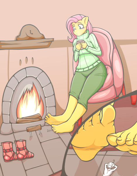 Size: 1618x2069 | Tagged: anthro, artist:jj-psychotic, art pack:pony toes and winter snows, barefoot, chocolate, clothes, derpibooru import, feet, fireplace, fluttershy, food, foot fetish, foot focus, giantess, hot chocolate, micro, plantigrade anthro, suggestive, sweater, sweatershy, turtleneck