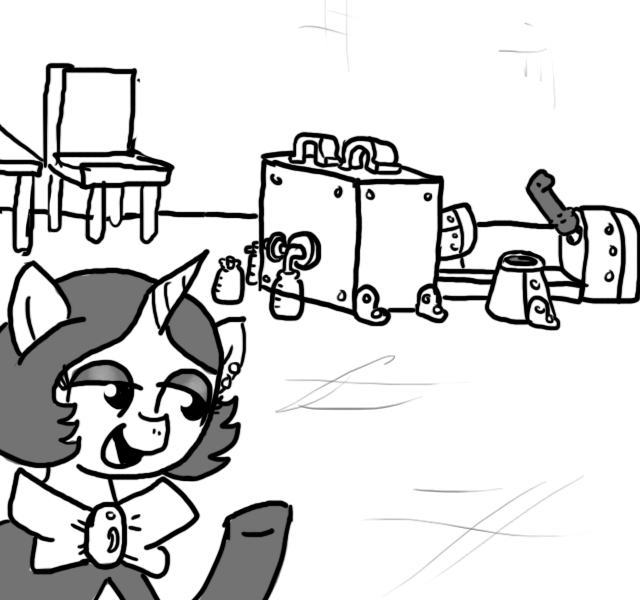 Size: 640x600 | Tagged: questionable, artist:ficficponyfic, derpibooru import, oc, oc:joyride, unofficial characters only, colt quest, bottle, chair, cyoa, dildo, fucking machine, imminent foalcon, imminent sex, machine, milking device, milking machine, monochrome, penis milking, pimp, restraints, sex toy, story included, table