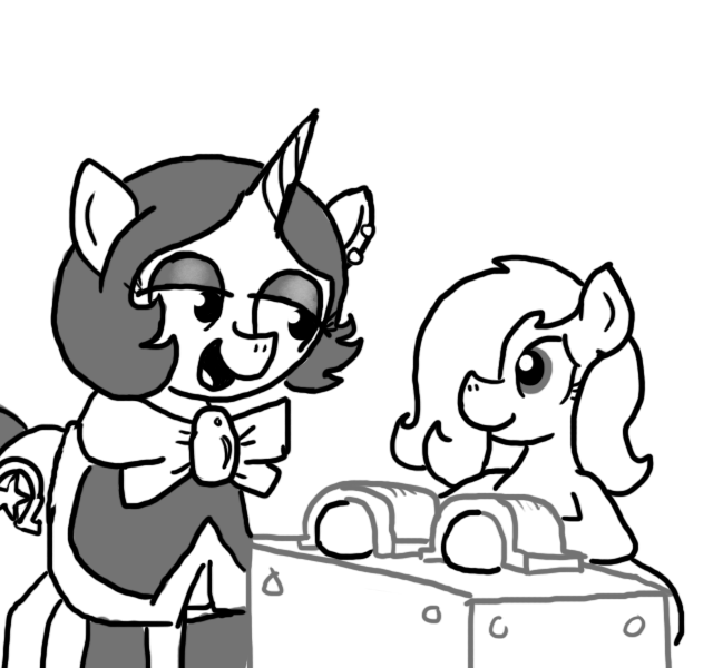 Size: 640x600 | Tagged: questionable, artist:ficficponyfic, derpibooru import, oc, oc:emerald jewel, oc:joyride, unofficial characters only, pony, unicorn, colt quest, adult, child, colt, female, femboy, foal, fucking machine, horn, imminent foalcon, imminent sex, machine, male, manacles, mare, milking machine, monochrome, penis milking, pimp, restraints, smiling, story included, trap