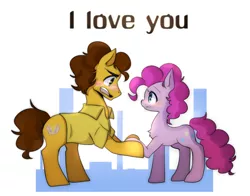 Size: 1024x801 | Tagged: safe, artist:lessue, derpibooru import, cheese sandwich, pinkie pie, blushing, cheesepie, clothes, eye contact, female, holding hooves, i love you, male, open mouth, shipping, shirt, simple background, straight
