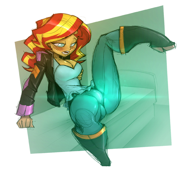Size: 900x845 | Tagged: questionable, artist:bigdad, derpibooru import, sunset shimmer, equestria girls, friendship games, cameltoe, female, glowing genitals, magic, solo, solo female, sweat