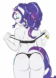 Size: 500x691 | Tagged: alternate hairstyle, anthro, artist:pia-sama, ass, bedroom eyes, black bra, black panties, black underwear, both cutie marks, bracelet, clothes, derpibooru import, female, lingerie, looking at you, looking back, looking over shoulder, panties, rarity, rearity, sexy, simple background, solo, solo female, stupid sexy rarity, suggestive, thong, underwear, undressing, white background
