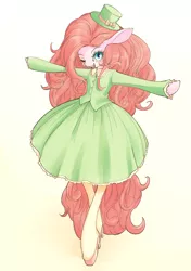 Size: 2039x2894 | Tagged: safe, artist:unousaya, derpibooru import, pinkie pie, pony, semi-anthro, bipedal, clothes, dress, hat, high heels, one eye closed, solo, top hat, wink