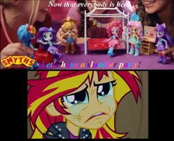 Size: 1475x1200 | Tagged: safe, derpibooru import, screencap, applejack, fluttershy, pinkie pie, rainbow dash, rarity, sunset shimmer, twilight sparkle, equestria girls, clothes, commercial, crying, doll, equestria girls minis, hilarious in hindsight, image macro, mane six, meme, rude, skirt, sunsad shimmer, toy