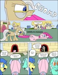 Size: 1024x1322 | Tagged: safe, artist:average-00, derpibooru import, bon bon, derpy hooves, lyra heartstrings, mayor mare, pinkie pie, sweetie drops, pegasus, pony, comic:opposites, comic, female, mare, mouth hold, pinkamena diane pie, tail pull