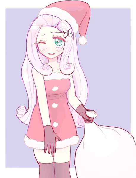 Size: 620x810 | Tagged: safe, artist:nemucure, derpibooru import, fluttershy, equestria girls, clothes, cute, dress, embarrassed, gloves, hat, santa costume, santa hat, sleeveless, socks, solo, strapless, thigh highs