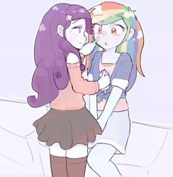 Size: 633x648 | Tagged: safe, artist:nemucure, derpibooru import, rainbow dash, rarity, equestria girls, bare shoulders, boop, clothes, female, lesbian, raridash, shipping, skirt