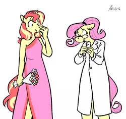 Size: 1280x1209 | Tagged: adorkable, alphys, anthro, artist:rwl, blushing, bouquet, clothes, costume, cute, derpibooru import, dork, dress, female, flower, flutteralphys, fluttershy, gala dress, glasses, lab coat, lesbian, safe, shipping, slouching, sunset shimmer, sunshyne, undertale