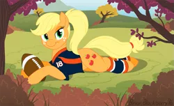 Size: 725x440 | Tagged: american football, applejack, artist:brianblackberry, autumn, bedroom eyes, bottomless, clothes, denver broncos, derpibooru import, jersey, leg warmers, looking at you, nfl, peyton manning, ponytail, prone, safe, shirt, smiling, solo