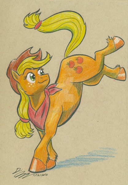 Size: 1024x1474 | Tagged: safe, artist:moviedragon009v2, derpibooru import, applejack, bandana, bucking, solo, traditional art, unshorn fetlocks, watermark