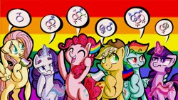 Size: 1280x721 | Tagged: safe, artist:rastaquouere69, derpibooru import, applejack, fluttershy, pinkie pie, rainbow dash, rarity, twilight sparkle, twilight sparkle (alicorn), alicorn, earth pony, pegasus, pony, unicorn, ask rarity and pinkie, :t, asexual, bedroom eyes, bisexuality, diversity, eyes closed, female, frown, gay, gay pride flag, genderqueer, glare, hoof hold, lesbian, lgbt, lgbt headcanon, magic, male, mane six, open mouth, pansexual, polyamory, pride, pride flag, sexuality, sexuality headcanon, smiling, telekinesis, transgender, unamused