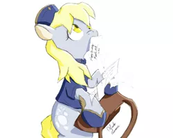 Size: 1600x1283 | Tagged: safe, artist:ando, derpibooru import, derpy hooves, pegasus, pony, clothes, female, letter, mailbag, mailmare, mare, mouth hold, simple background, sitting, solo, uniform