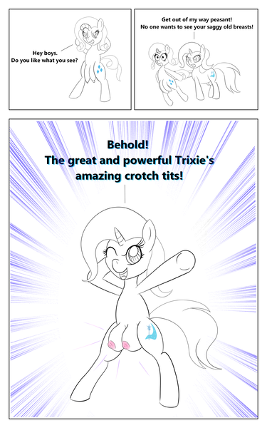 Size: 1500x2400 | Tagged: artist needed, source needed, questionable, derpibooru import, rarity, trixie, pony, bipedal, comic, crotchboobs, female, floppy horn, impossibly large crotchboobs, nipples, nudity, older, saggy, saggy crotchboobs